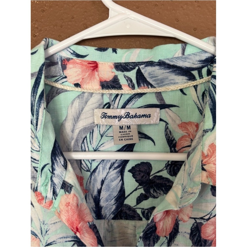 Tommy Bahama Women 100%Linen Tropical Floral Button Front Midi Dress Aqua Blue m - Picture 2 of 9